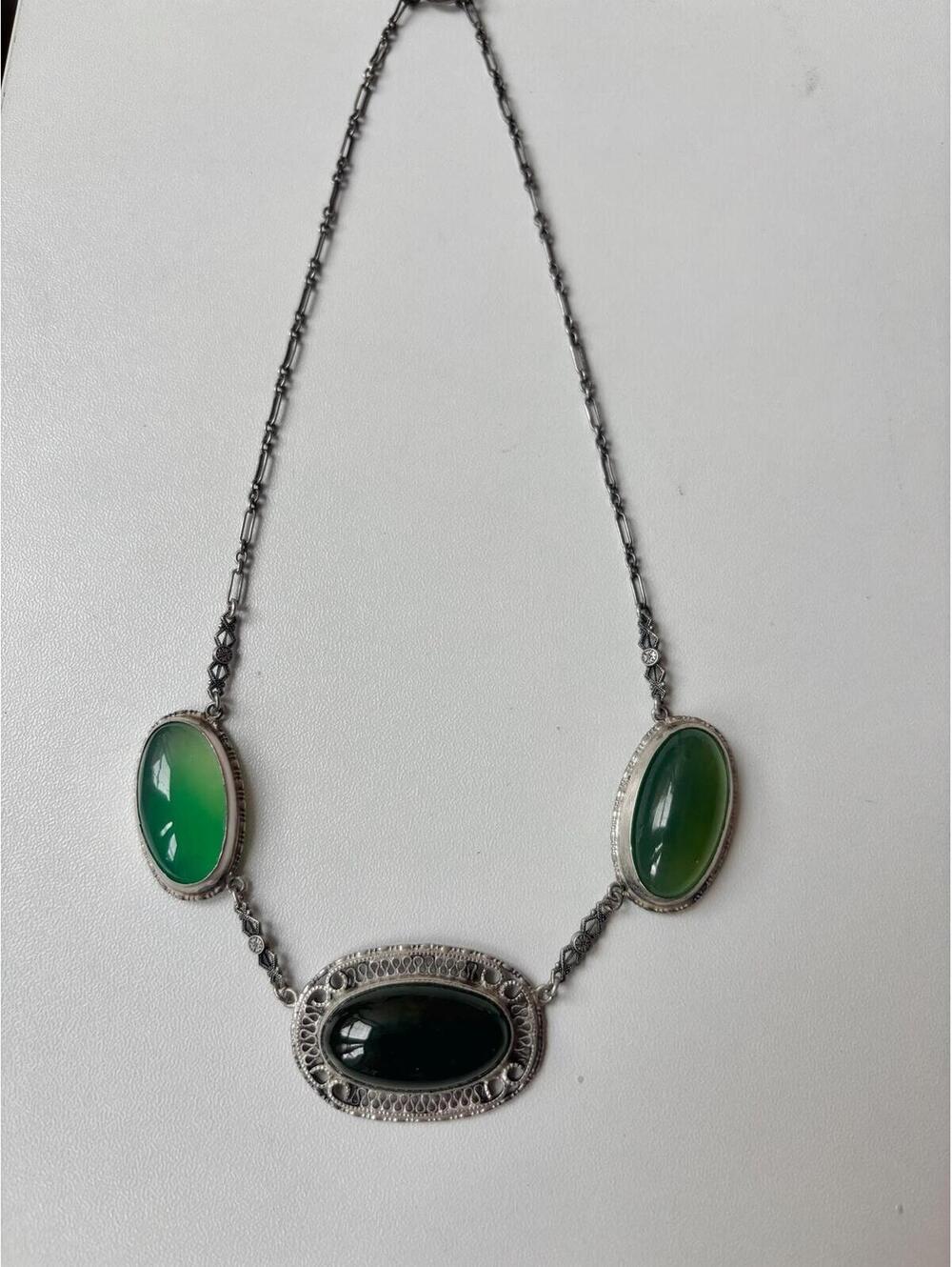Antique Arts and Crafts Sterling Chrysoprase Necklace